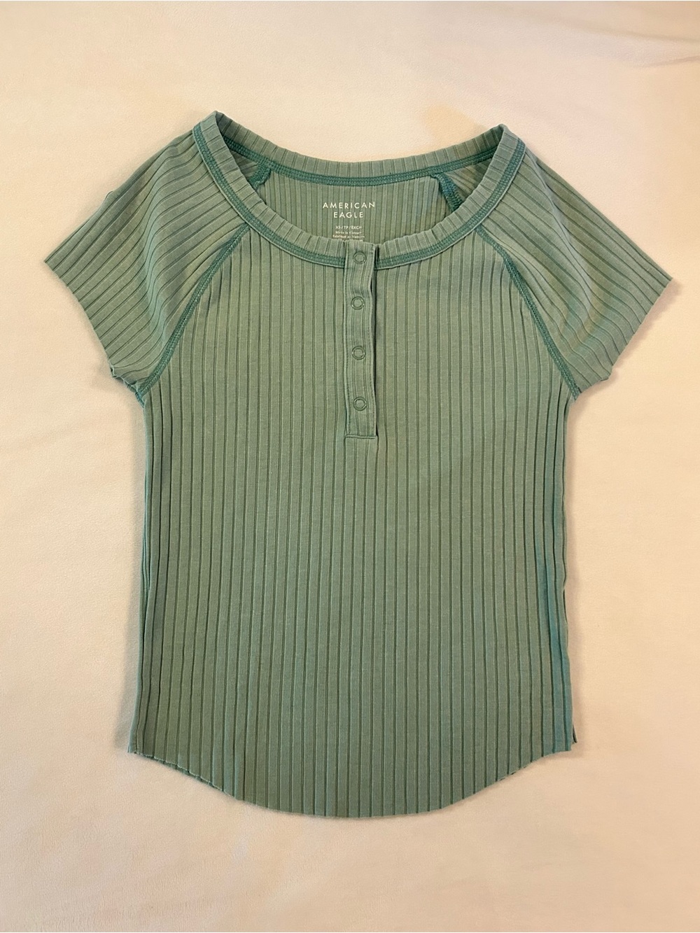 American Eagle Outfitters Short-Sleeve Ribbed Henley Top - Sage